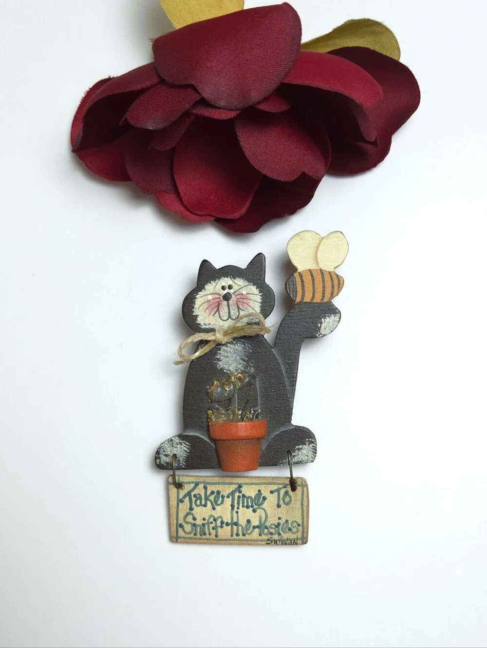 Handmade Wood Black Cat Bee & Flower Pot Take Time To Sniff the Rosies Sullivan